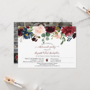 Burgundy Pink Blue Floral Photo Retirement Party Invitation