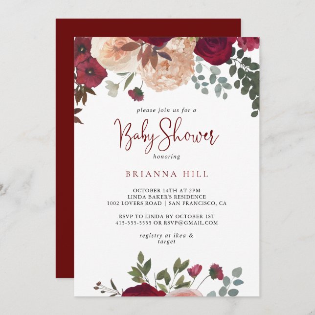 Burgundy Pink Blush Floral Baby Shower  Invitation (Front/Back)