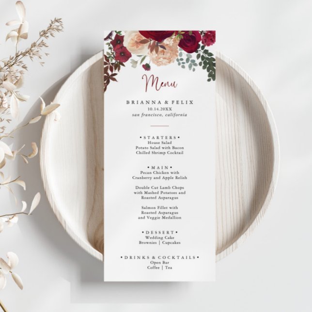 Burgundy Pink Blush Floral Dinner Menu (Creator Uploaded)