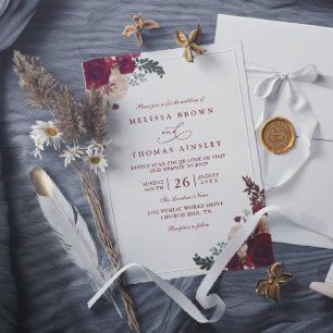 Burgundy Pink Blush Floral Elegant QR Code Wedding Invitation