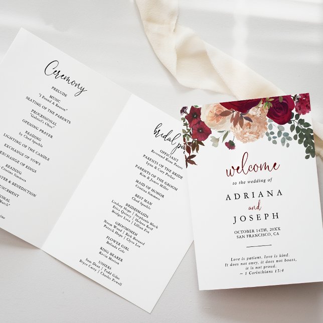 Burgundy Pink Blush Floral Folded Wedding   Program (Creator Uploaded)