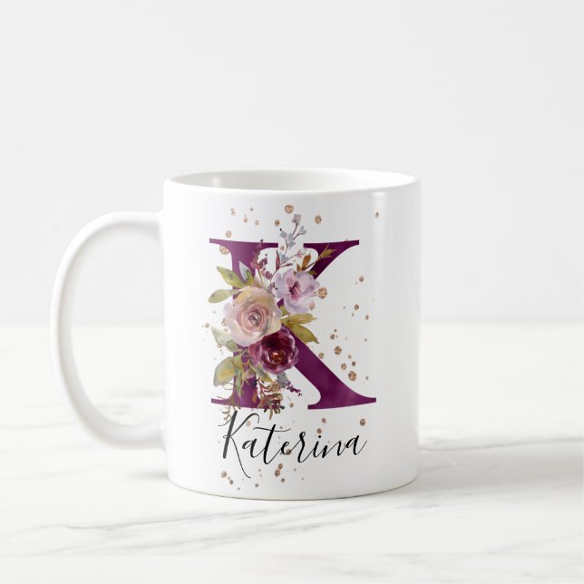 Burgundy Pink Blush Floral Letter K Monogram Coffee Mug (Left)