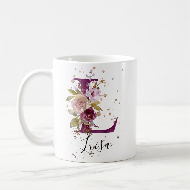 Burgundy Pink Blush Floral Letter L Monogram Coffee Mug (Left)