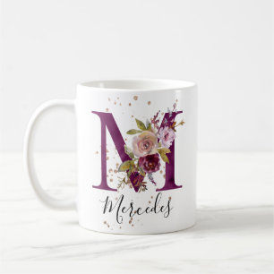 Burgundy Pink Blush Floral Letter M Monogram Coffee Mug