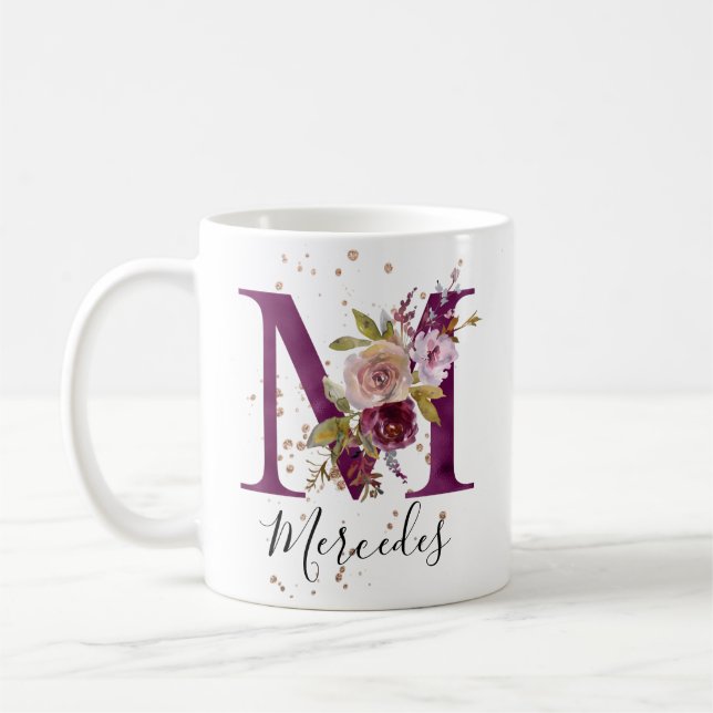 Burgundy Pink Blush Floral Letter M Monogram Coffee Mug (Left)