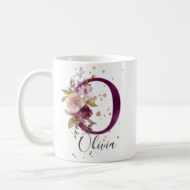 Burgundy Pink Blush Floral Letter O Monogram Coffee Mug (Left)