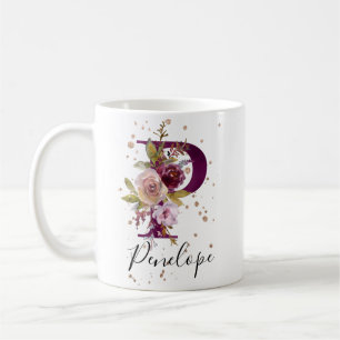 Burgundy Pink Blush Floral Letter P Monogram Coffee Mug