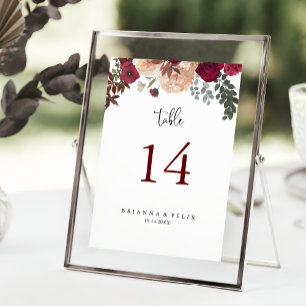 Burgundy Pink Blush Floral Wedding Table Number