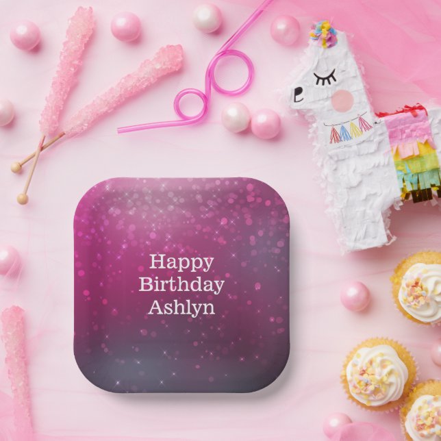 Burgundy Pink Bokeh Hearts Birthday Paper Plate (Party)