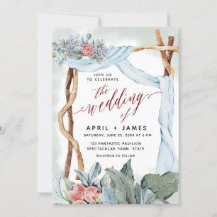 Burgundy Pink Cascade Rustic Wooden Gate Floral  Invitation