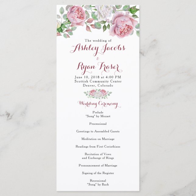 Burgundy Pink Chic Rose Floral Wedding Program (Front)