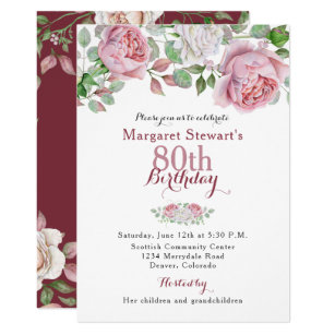 Burgundy Pink Country Rose 80th Birthday Invite