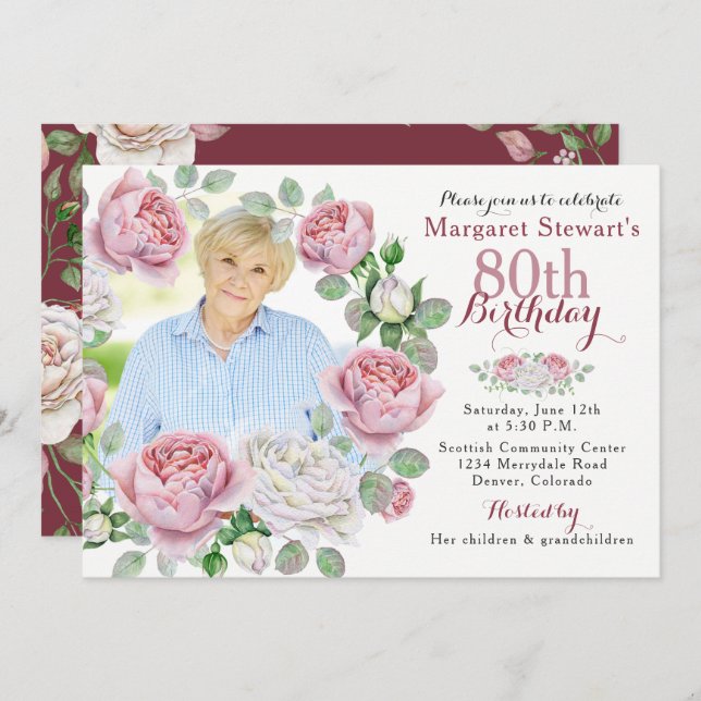 Burgundy Pink Country Rose Wreath Photo Birthday Invitation (Front/Back)