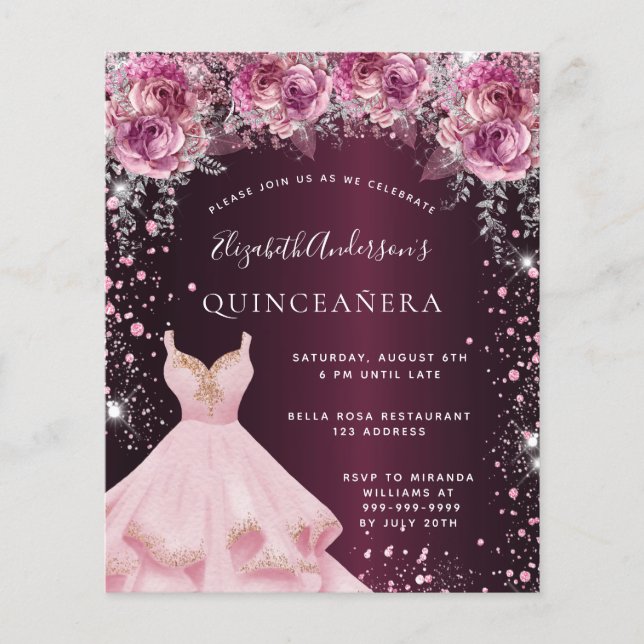 Burgundy pink dress Quinceanera invitation (Front)