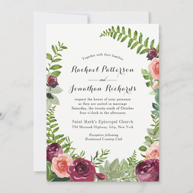 Burgundy Pink Fantasy Floral Wedding Invitation (Front)