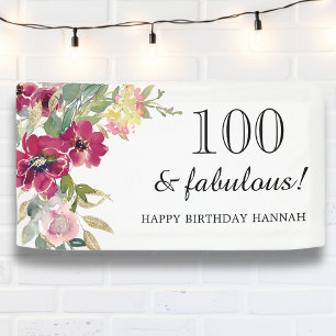Burgundy Pink Floral 100th Birthday Banner