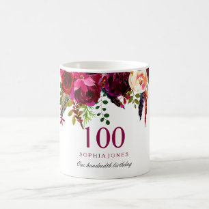 Burgundy Pink Floral 100th Birthday Guest Gift Coffee Mug