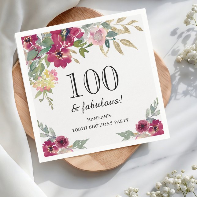Burgundy Pink Floral 100th Birthday  Napkin (Creator Uploaded)