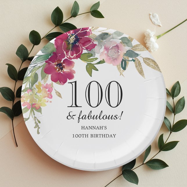 Burgundy Pink Floral 100th Birthday  Paper Plate (Creator Uploaded)