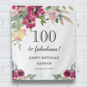 Burgundy Pink Floral 100th Birthday Tapestry