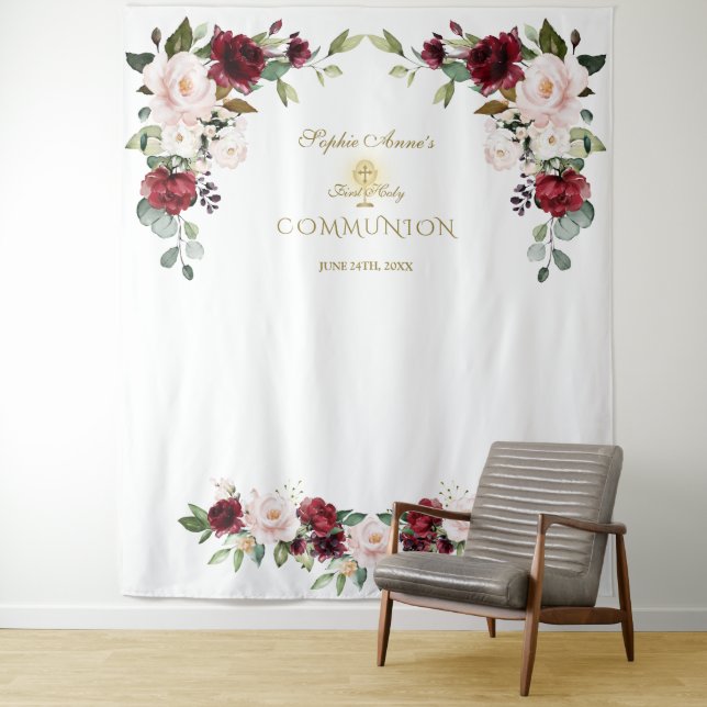 Burgundy Pink Floral 1st Holy Communion Photo Prop Tapestry (In Situ)