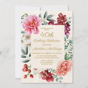 Burgundy Pink Floral 40th Birthday Invitation