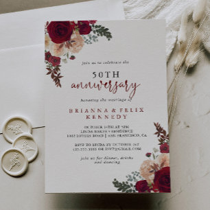 Burgundy Pink Floral 50th Wedding Anniversary  Invitation