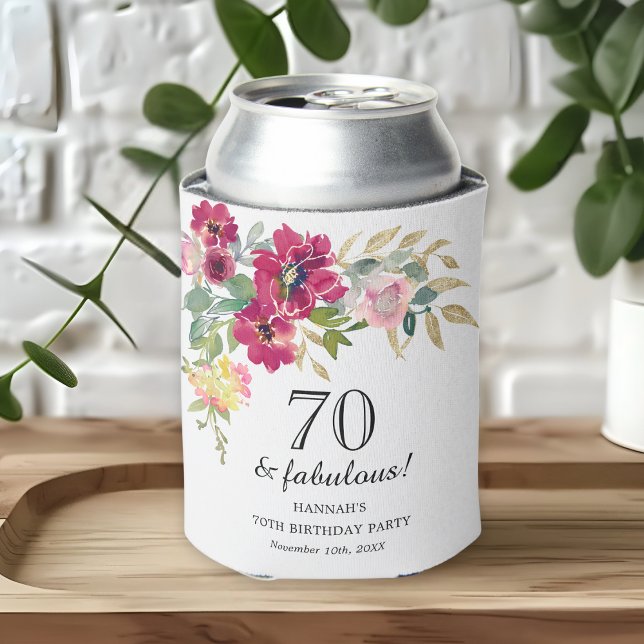 Burgundy Pink Floral 70th Birthday  Can Cooler (Creator Uploaded)