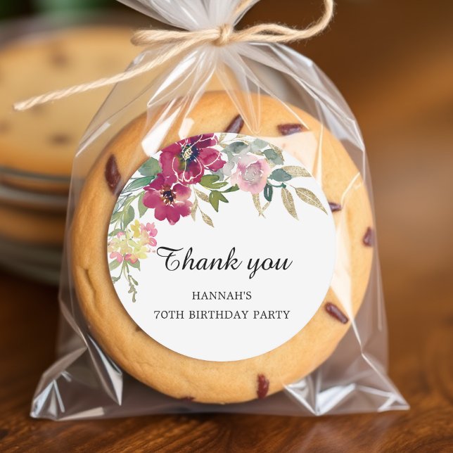 Burgundy Pink Floral 70th Birthday Thank you Classic Round Sticker (Creator Uploaded)