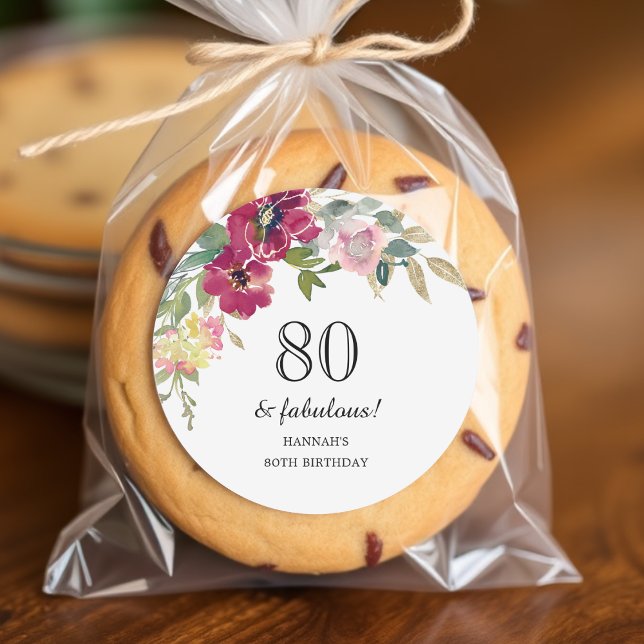 Burgundy Pink Floral 80th Birthday  Classic Round Sticker (Creator Uploaded)