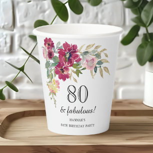 Burgundy Pink Floral 80th Birthday  Paper Cups