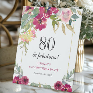 Burgundy Pink Floral 80th Birthday  Pedestal Sign