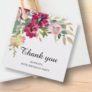 Burgundy Pink Floral 80th Birthday Thank you Favour Tags