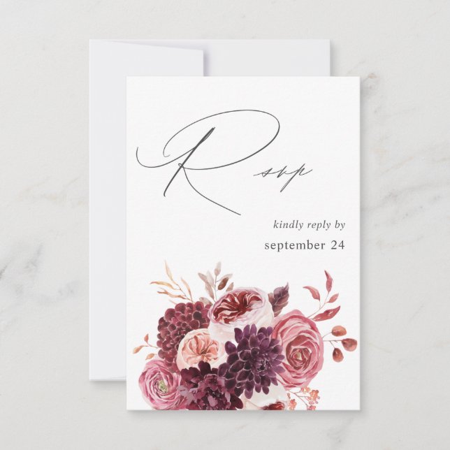 Burgundy & Pink Floral 8A w Meal RSVP Card (Front)