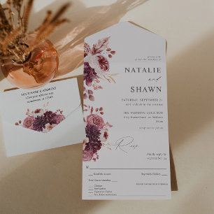 Burgundy & Pink Floral 8A Wedding All In One Invitation