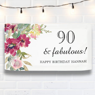 Burgundy Pink Floral 90th Birthday Banner