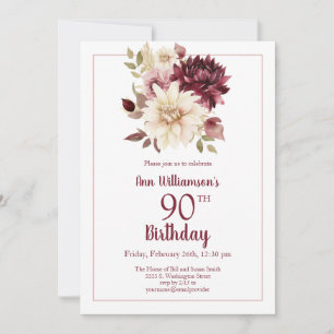 Burgundy Pink Floral 90th Birthday Invitation