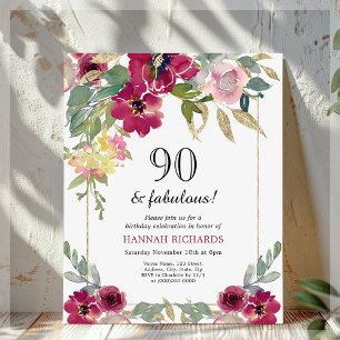 Burgundy Pink Floral 90th Birthday Invitation
