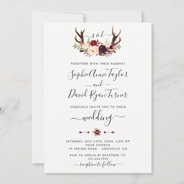 Burgundy Pink Floral Antlers Calligraphy Wedding Invitation (Front)