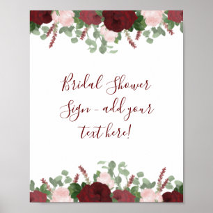 Burgundy Pink Floral Bridal Shower Decor Sign