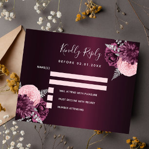 Burgundy pink floral budget wedding RSVP card