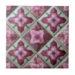 Burgundy Pink Floral Diamond Mediterranean Ceramic Tile