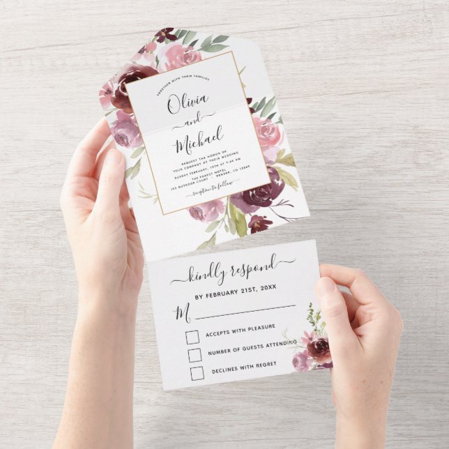 Burgundy Pink Floral Elegant Modern Wedding RSVP All In One Invitation (Tearaway)