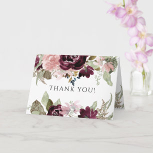 Burgundy Pink Floral Elegant Wedding Thank You Card