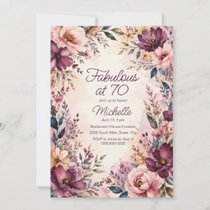 Burgundy Pink Floral Fabulous 70 Birthday Invitation
