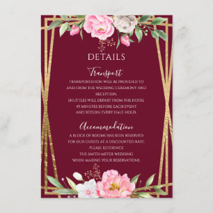 Burgundy Pink Floral Geometric Wedding Details Enclosure Card