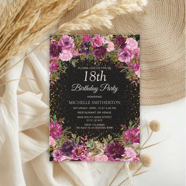 Burgundy Pink Floral Glitter Black 18th Birthday Invitation (Elegant burgundy and pink watercolor floral on black 18th birthday party invitation)