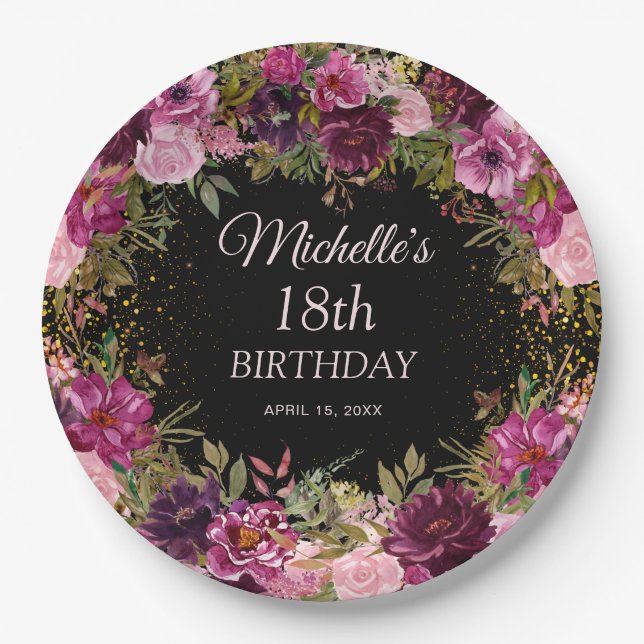 Burgundy Pink Floral Glitter Black 18th Birthday  Paper Plate (Front)
