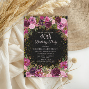 Burgundy Pink Floral Glitter Black 40th Birthday Invitation