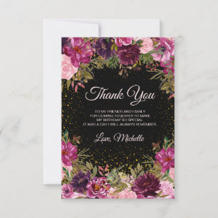 Burgundy Pink Floral Glitter Black Birthday Thank You Card
